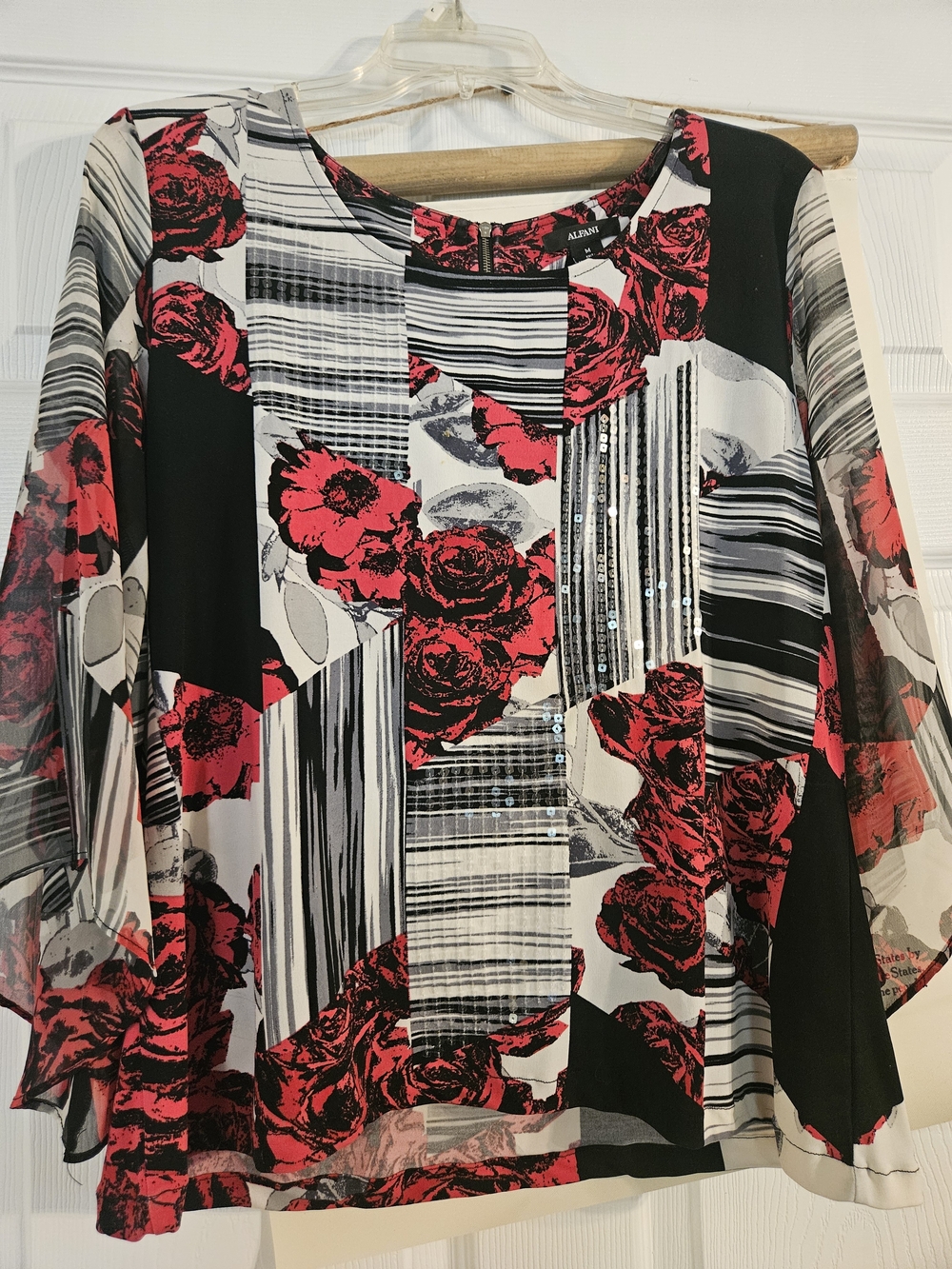 Alfani Black, White & Red Floral Patchwork Blouse with Sheer Sleeves